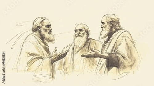 Inspirational Biblical Illustration: Boaz Discusses Land and Ruth with Kinsman-Redeemer and Elders, Beige Background, Faith, Discussion, Ruth and Boaz Story