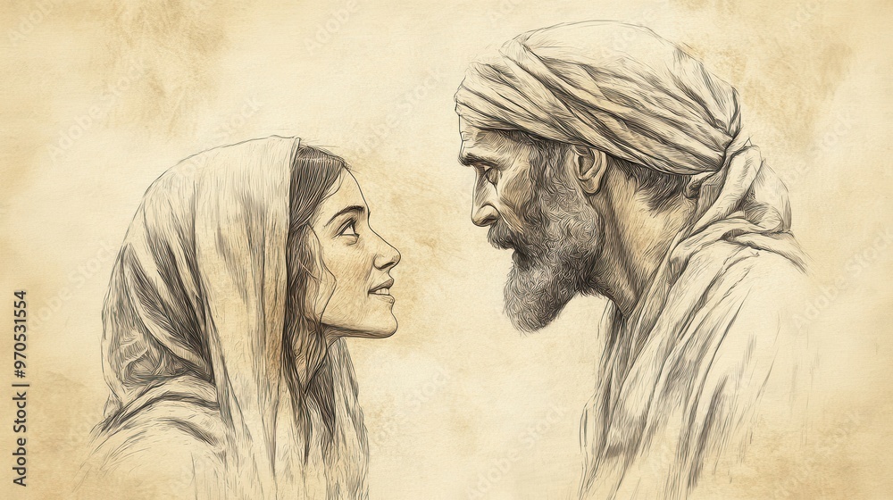 Fototapeta premium Inspirational Biblical Illustration: Naomi's Gratitude to God for Boaz, Beige Background, Faith, Thanksgiving, Ruth and Boaz Story