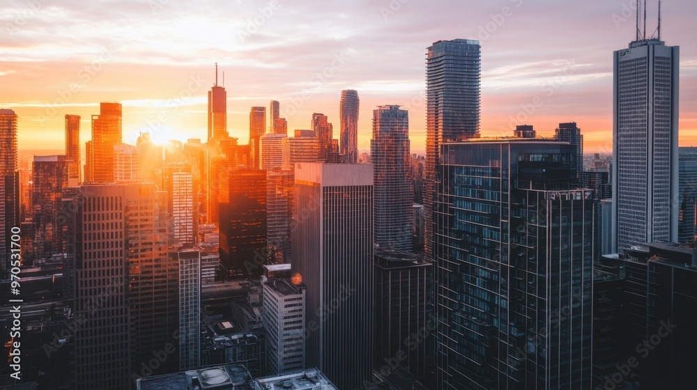 Fototapeta premium A spectacular aerial view of a city skyline at sunrise, with buildings reflecting the warm morning light.