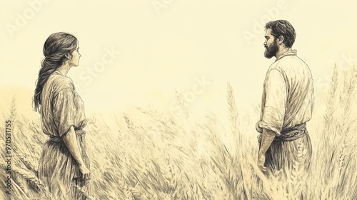 Biblical Illustration: Boaz's kind greeting to Ruth in the field, inquiring about her, illustrated on a beige background photo