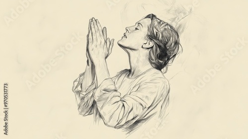 Inspirational Biblical Illustration: Hannah Praising God with Uplifted Hands, Beige Background, Faith, Blessings, Old Testament Story photo