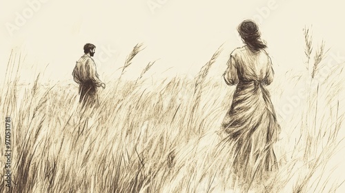 Biblical Illustration: Ruth working in the fields, being noticed by Boaz from a distance, illustrated on a beige background photo