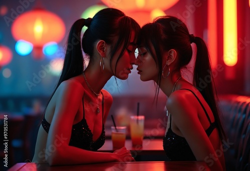 Two beautiful chinese girls sharing an intimate moment in a quiet booth at a jazz club photo