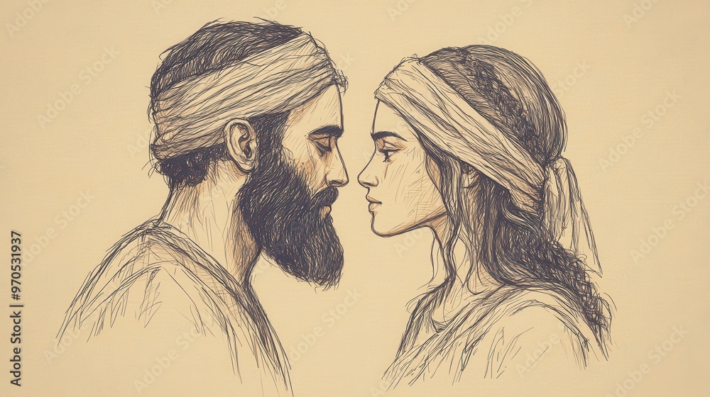 Inspirational Biblical Illustration: Boaz and Ruth's Vow Exchange, Looking into Each Other's Eyes with Love, Beige Background, Faith, Love, Ruth and Boaz Story Inspirational Biblical Illustration: Boaz and Ruth's Vow Exchange, Looking into Each Other's Eyes with Love, Beige Background, Faith, Love, Ruth and Boaz Story