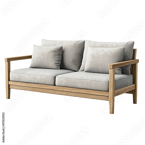 a Scandinavian-style sofa with a light wood frame and neutral gray cushions, isolated on white background.