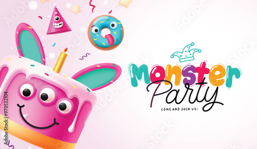 Monster party cake vector design. Halloween birthday greeting text with bunny cake dessert and donut mascot elements. Vector illustration invitation card design. 
