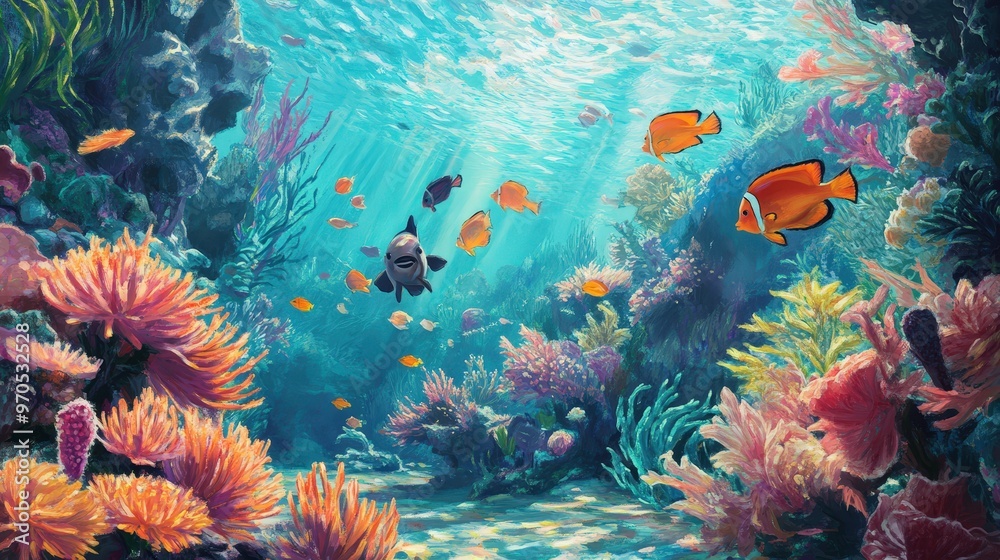 Fototapeta vibrant underwater scene with a school of fish darting around anemones and seaweed.