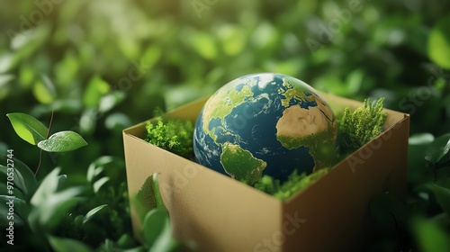 Fototapeta Naklejka Na Ścianę i Meble -  Global sustainability concept: Earth in a cardboard box surrounded by greenery symbolizes environmental conservation and eco-friendly practices.