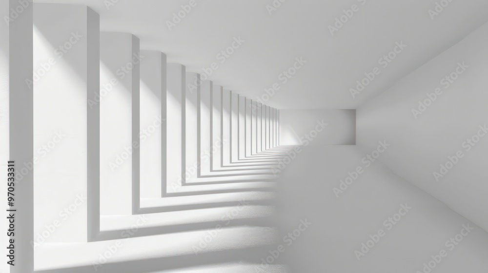 Naklejka premium A minimalist corridor with white walls and shadows, creating a sense of depth and perspective.