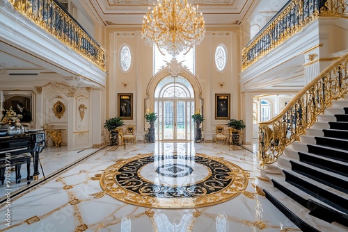 Luxurious grand lobby with chandelier, ornate staircase, and elegant decor in a palatial mansion. A perfect blend of classical and opulent design.