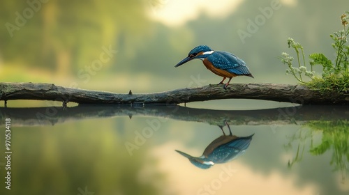 visual of a fishing bird perched on a low branch, dipping its head to the water below