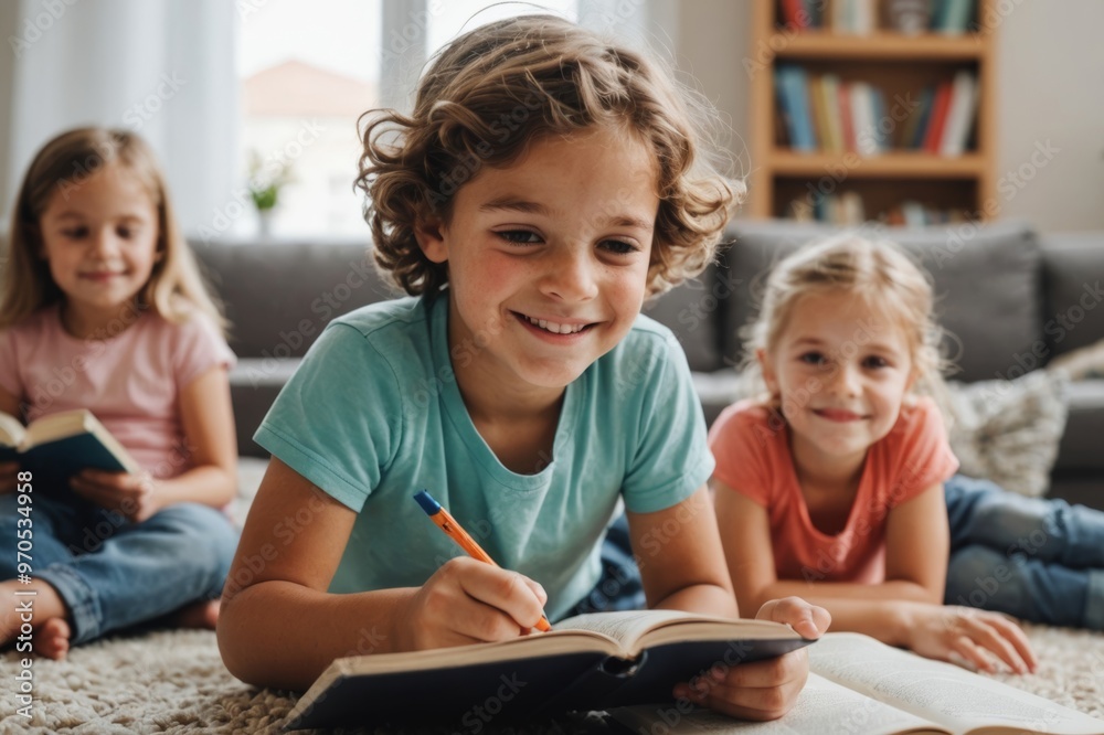child reading and siblings in home with book for story time, education and literature adventure for storytelling child reading and siblings in home with book for story time, education and literature adventure for storytelling