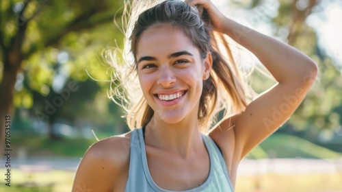 Young woman runner pausing for break in park, smiling and touching hair, exercising contented and healthy outdoors in nature. Fitness and marathon training on summer morning, copy space