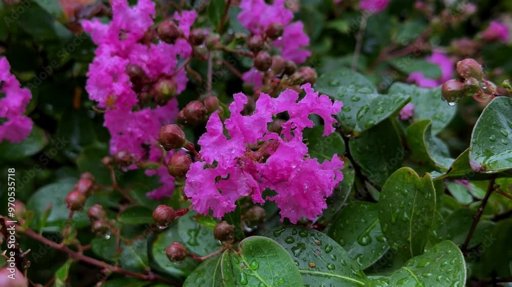 Vibrant pink flowers covered in raindrops in a lush garden Vibrant pink flowers covered in raindrops in a lush garden
