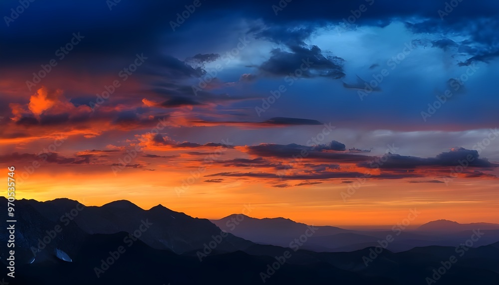 Fototapeta premium The colorful sky with blue and orange hues creates a dramatic backdrop against the silhouetted mountains.
