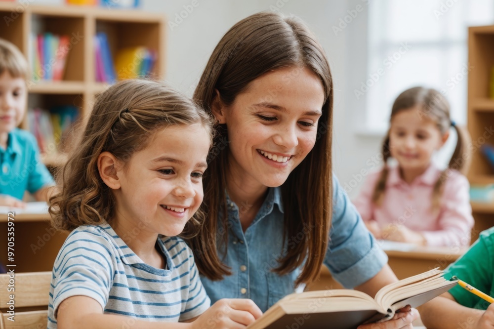kindergarten, teacher and reading a story to children in montessori school, classroom and learning kindergarten, teacher and reading a story to children in montessori school, classroom and learning