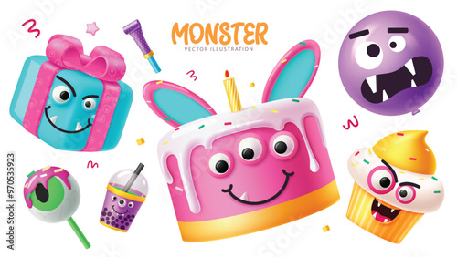 Monster party characters elements vector set design. Birthday halloween elements collection like cake, gift, balloon, cup cake and juice cute character isolated in white background. Vector 