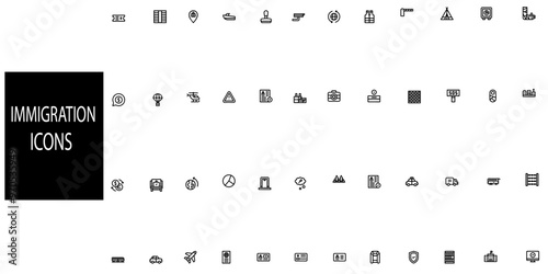 Set of 48 outline icons related to immigration.Airport icon collection. Containing plane, boarding pass, traveler, duty free, information desk, customs, detector, immigration and. Vector illustration.