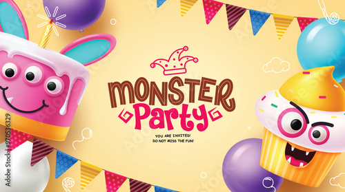 Monster party greeting text vector design. Birthday invitation card with cute cake, naughty cup cake and pennants  decoration elements. Vector illustration birth day party card background. 
