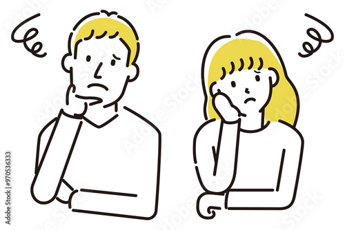 定番　伝わる 人物イラスト　悩んで上を向く若い男女