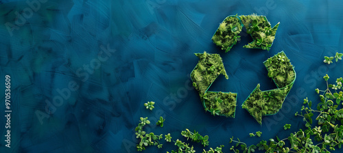 Green plants and leaves form the shape of an eco-friendly recycling symbol on a blue background 