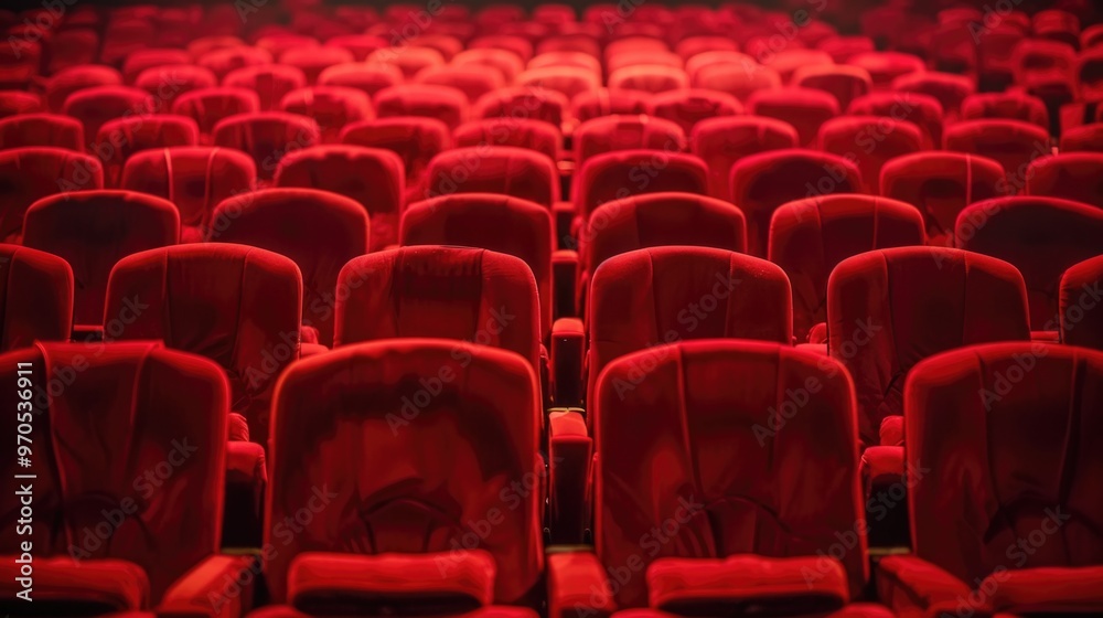 Fototapeta premium Symmetrical view of empty red theater seats in an indoor stage, focusing on audience and performance.