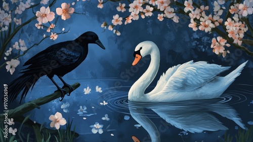 visual of the crow and the swan in a lively spring setting.