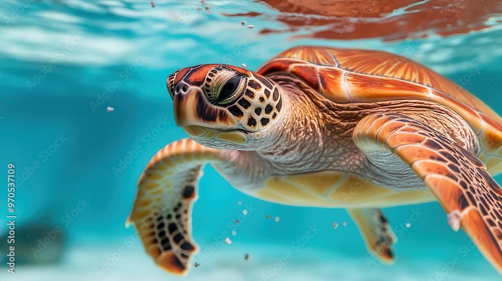 Fototapeta premium Sea turtle swimming through microplastic particles suspended in water, Microplastics, marine pollution, wildlife impact