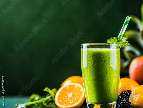 Close-up of a glass of green smoothie with a green striped straw and a sprig of mint, next to orange fruit slices and blackberries. photo