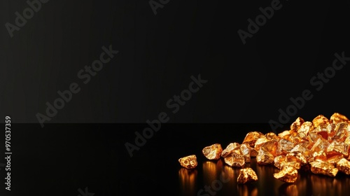 Shimmering gold nuggets on a black background, representing wealth, mining, and success.