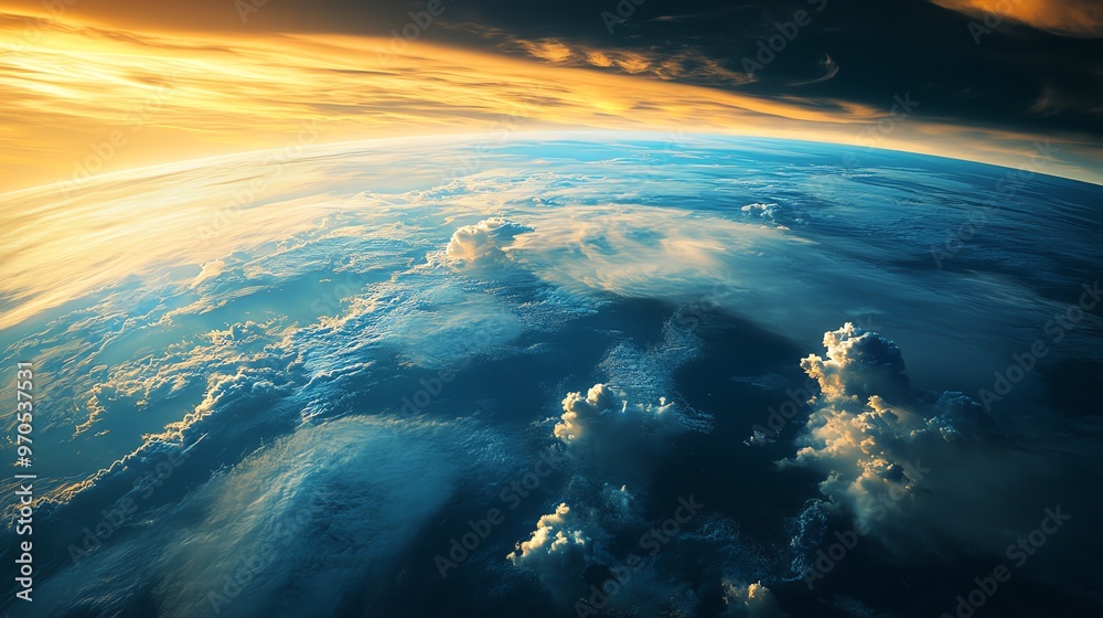 Stunning view of Earth from space, capturing vibrant clouds, blue oceans, and a golden sunrise, showcasing the beauty of our planet. Stunning view of Earth from space, capturing vibrant clouds, blue oceans, and a golden sunrise, showcasing the beauty of our planet.