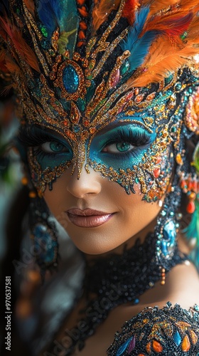 Woman wearing artistic makeup and costume posing for carnival celebration