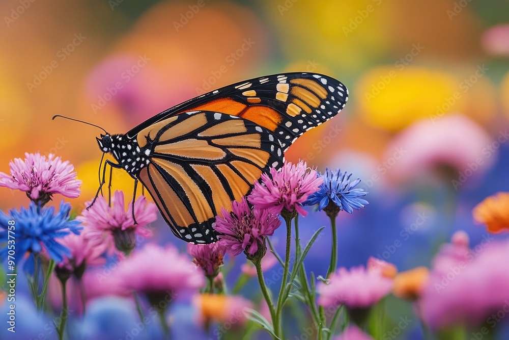 Fototapeta premium Monarch butterfly perched on a purple flower gathering nectar