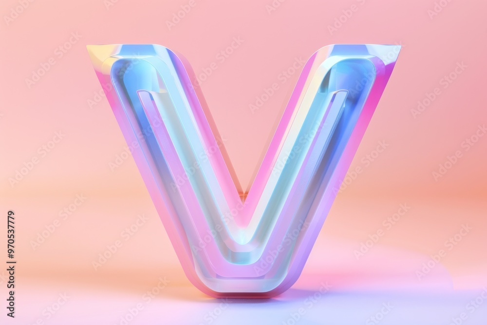 Glossy 3D letter V with an iridescent surface featuring a vibrant gradient of pink, blue, and yellow, set against a soft gradient background, showcasing modern design. Glossy 3D letter V with an iridescent surface featuring a vibrant gradient of pink, blue, and yellow, set against a soft gradient background, showcasing modern design.