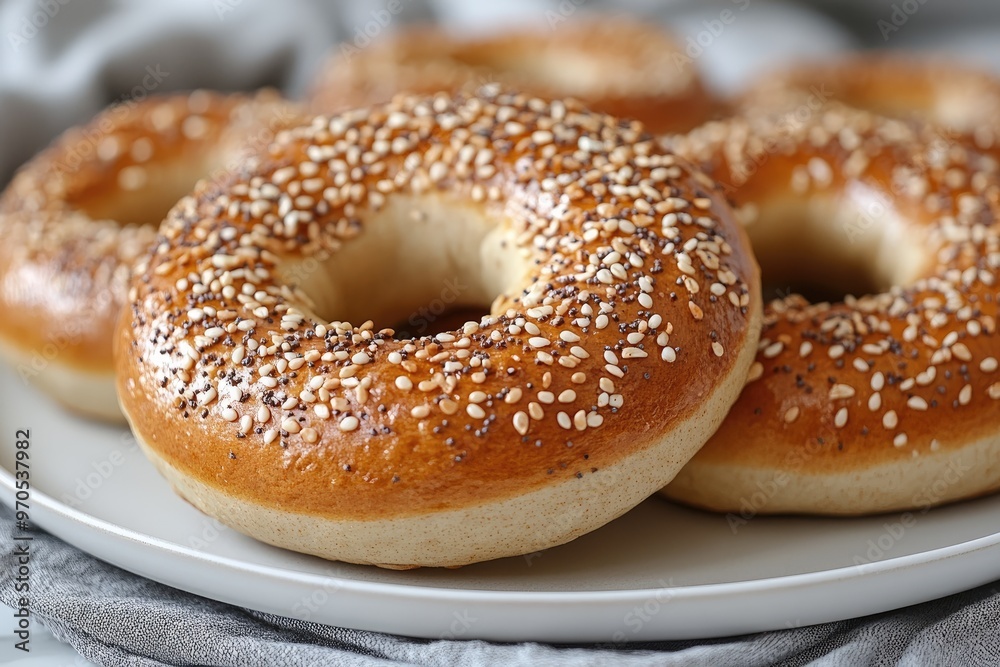 Freshly baked sesame seed bagels resting on a plate Freshly baked sesame seed bagels resting on a plate