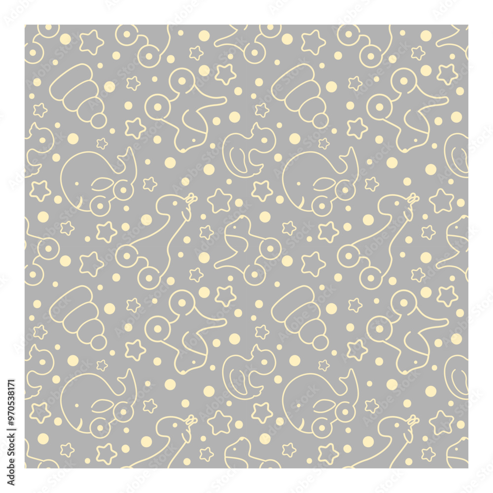 Baby pyramid, dog, whale and giraffe line seamless pattern on light background. Toys seamless pattern for baby shower, fabric, textile, wrapping paper, cover, banner. Vector illustration Baby pyramid, dog, whale and giraffe line seamless pattern on light background. Toys seamless pattern for baby shower, fabric, textile, wrapping paper, cover, banner. Vector illustration
