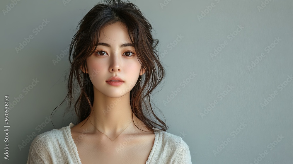 긴 머리와 단순한 배경을 가진 여성의 초상화 긴 머리와 단순한 배경을 가진 여성의 초상화
