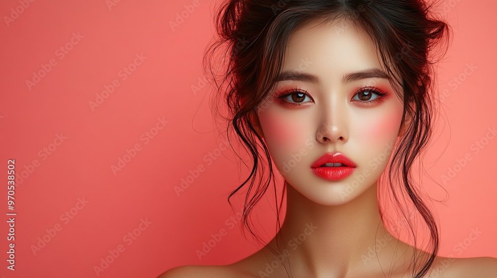 빨간 립스틱과 메이크업을 한 아름다운 아시아 여성의 초상 사진 빨간 립스틱과 메이크업을 한 아름다운 아시아 여성의 초상 사진