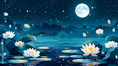 Waterlily and moon in starry night illustration