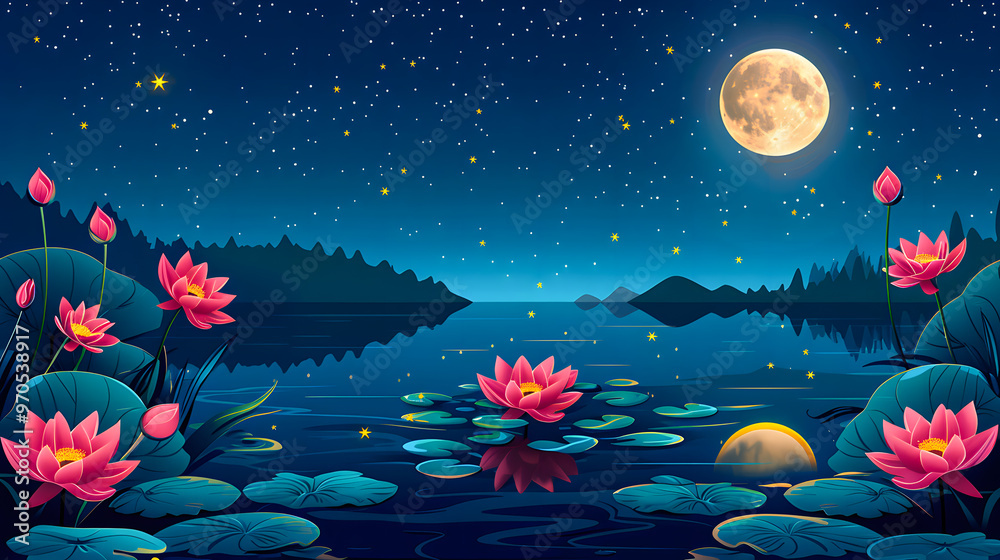 Waterlily and moon in starry night illustration Waterlily and moon in starry night illustration