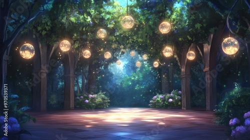 Enchanted forest gazebo with glowing fairy lights in serene woodland twilight.