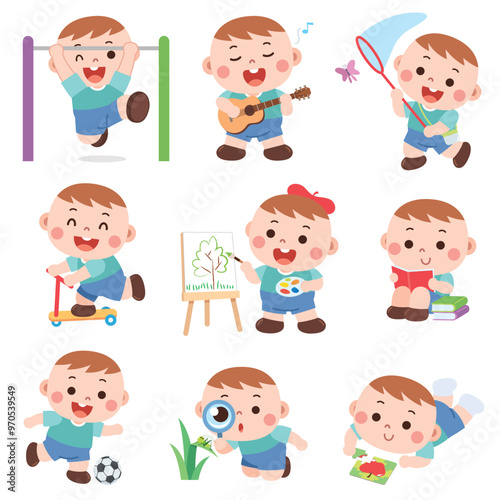 Cute Cartoon Boy Engaging in Various Fun Activities