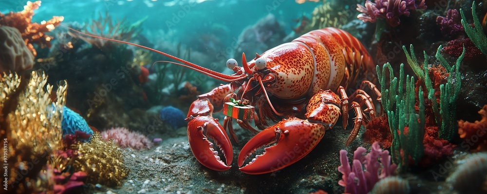 Vibrant underwater scene featuring a colorful lobster amidst coral reefs and marine life in a tropical ocean setting. Vibrant underwater scene featuring a colorful lobster amidst coral reefs and marine life in a tropical ocean setting.