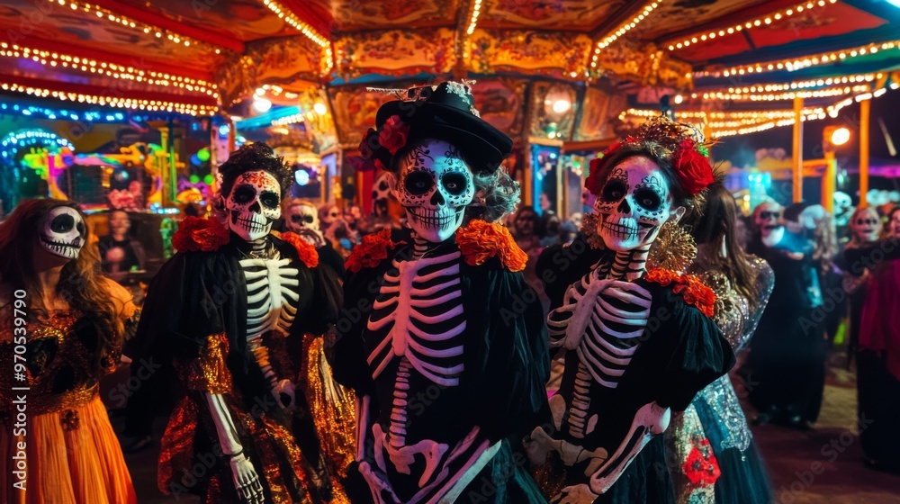 Obraz premium Three People Dressed as Skeletons at a Carnival