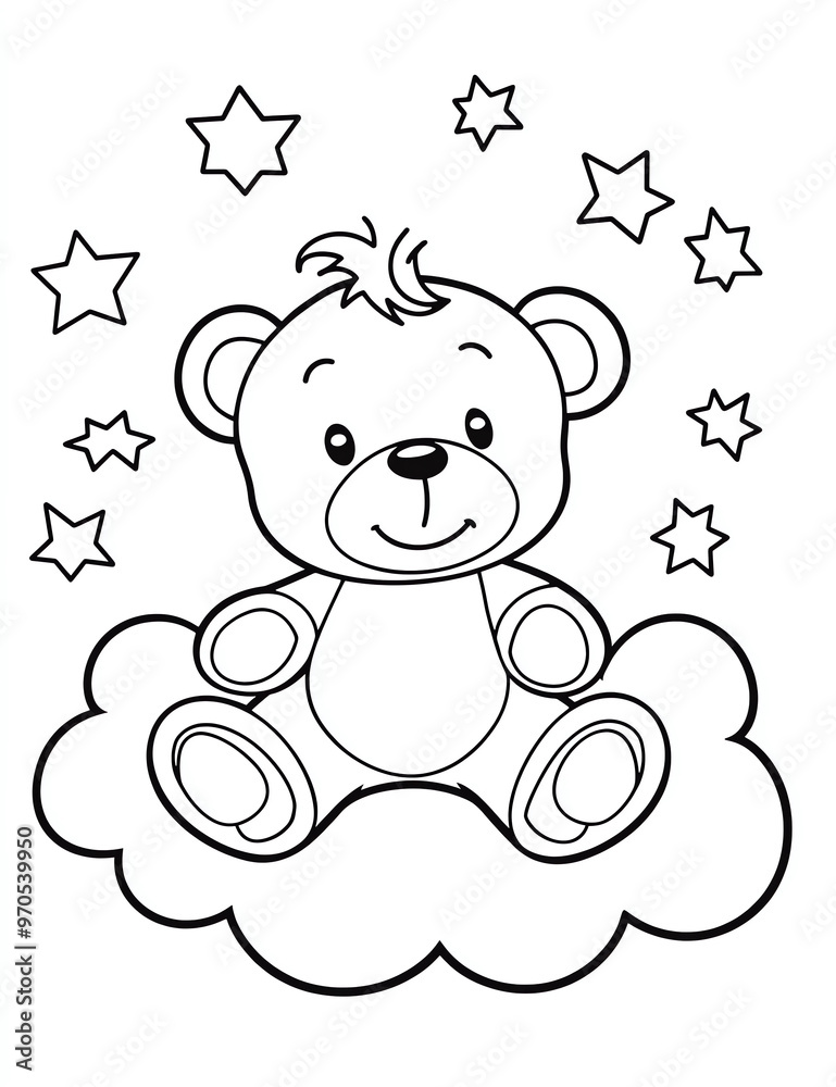  A cute teddy bear sitting on a cloud, with stars around it. A coloring page for kids with crisp lines and a white background