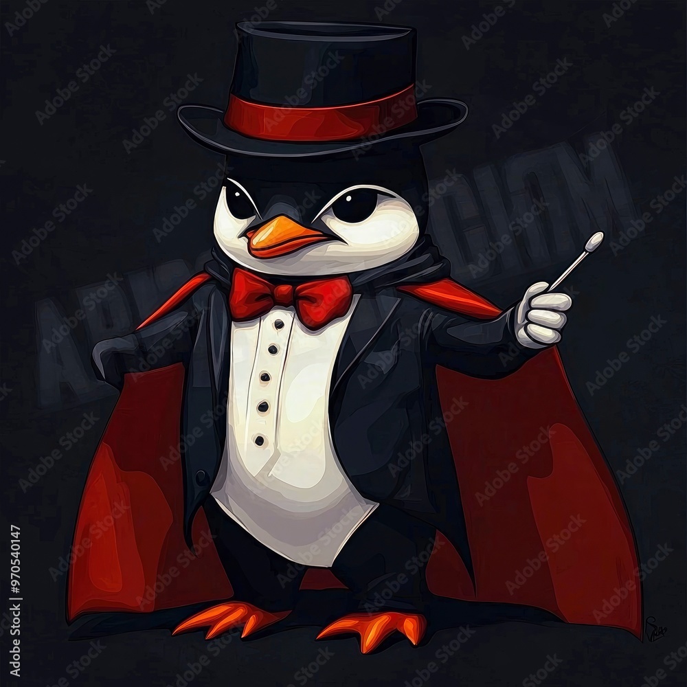 Obraz premium Penguin Magician Performing a Magic Trick