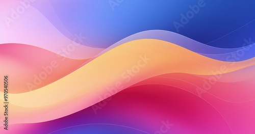 A vibrant abstract design featuring smooth, flowing waves of color transitioning from pink to orange to blue.