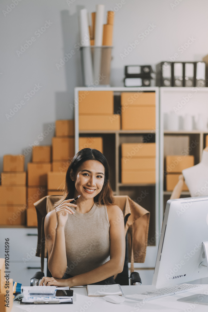 Successful Woman start up online seller at workplace. small business entrepreneur SME or freelance asian woman working with box at home. Successful Woman start up online seller at workplace. small business entrepreneur SME or freelance asian woman working with box at home.