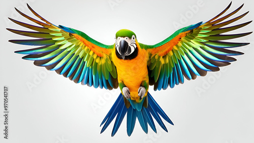 Colorful Harlequin macaw parrot flying on green nature background ai generative..