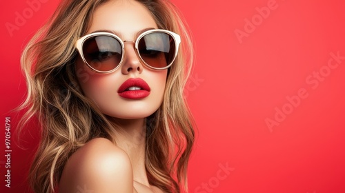 Glamorous Blonde Woman in Sunglasses with Vibrant Red Lips on Bright Background